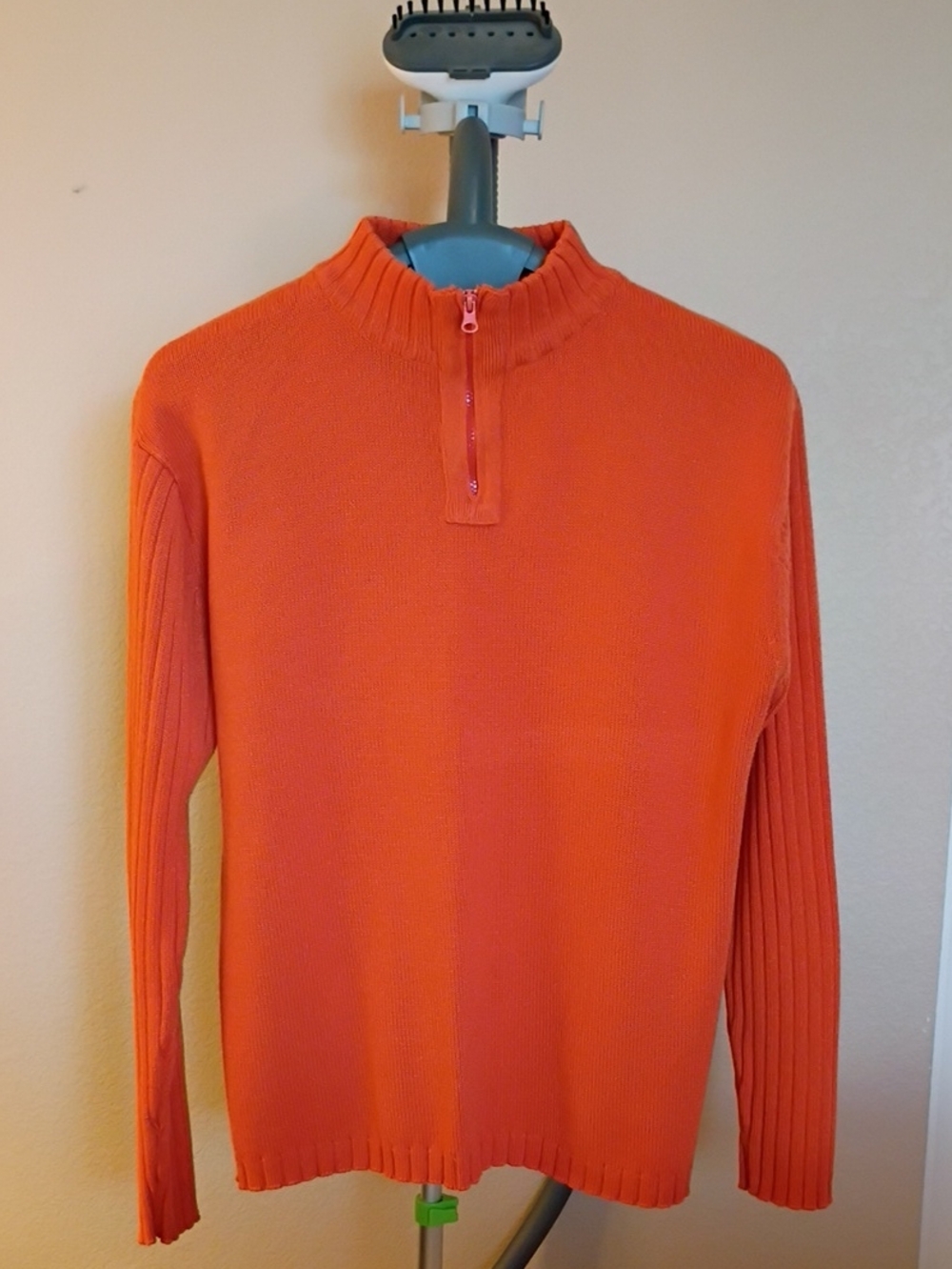 Women's Bright Orange Ribbed Cowl Zip Sweater